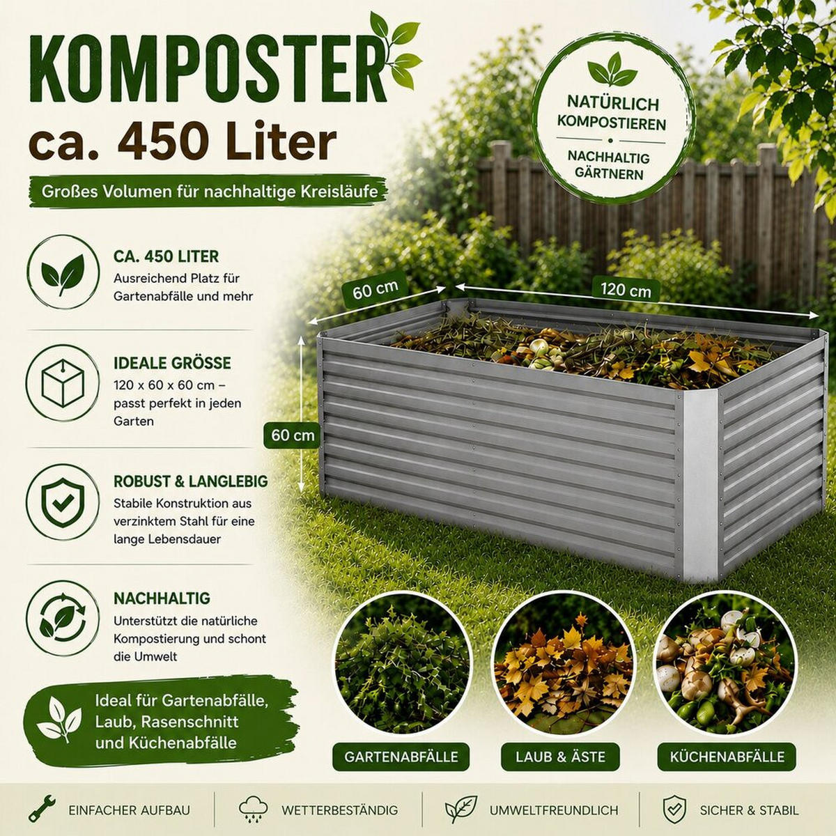 KOMPOSTER Garten, Silber, 120 x 60 cm - Silberfarben, Metall (120/60/60cm) - Vicco