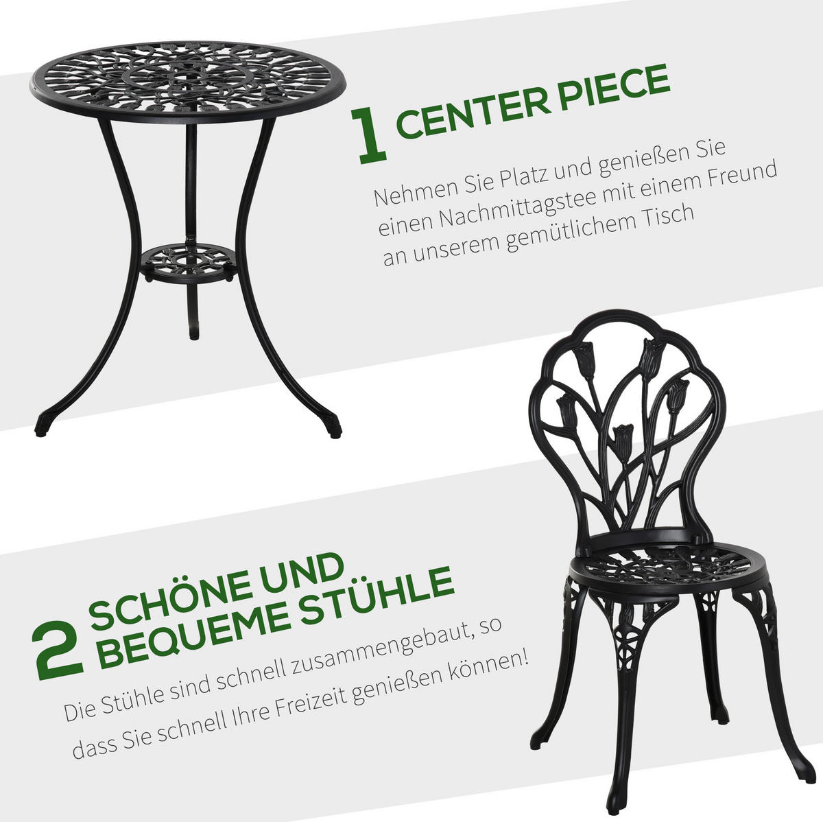 DINING-LOUNGESET aus Aluminium Ø60x67 cm Schwarz mit 2 Klappstühlen und Schirmloch - Schwarz, Metall - Modfu
