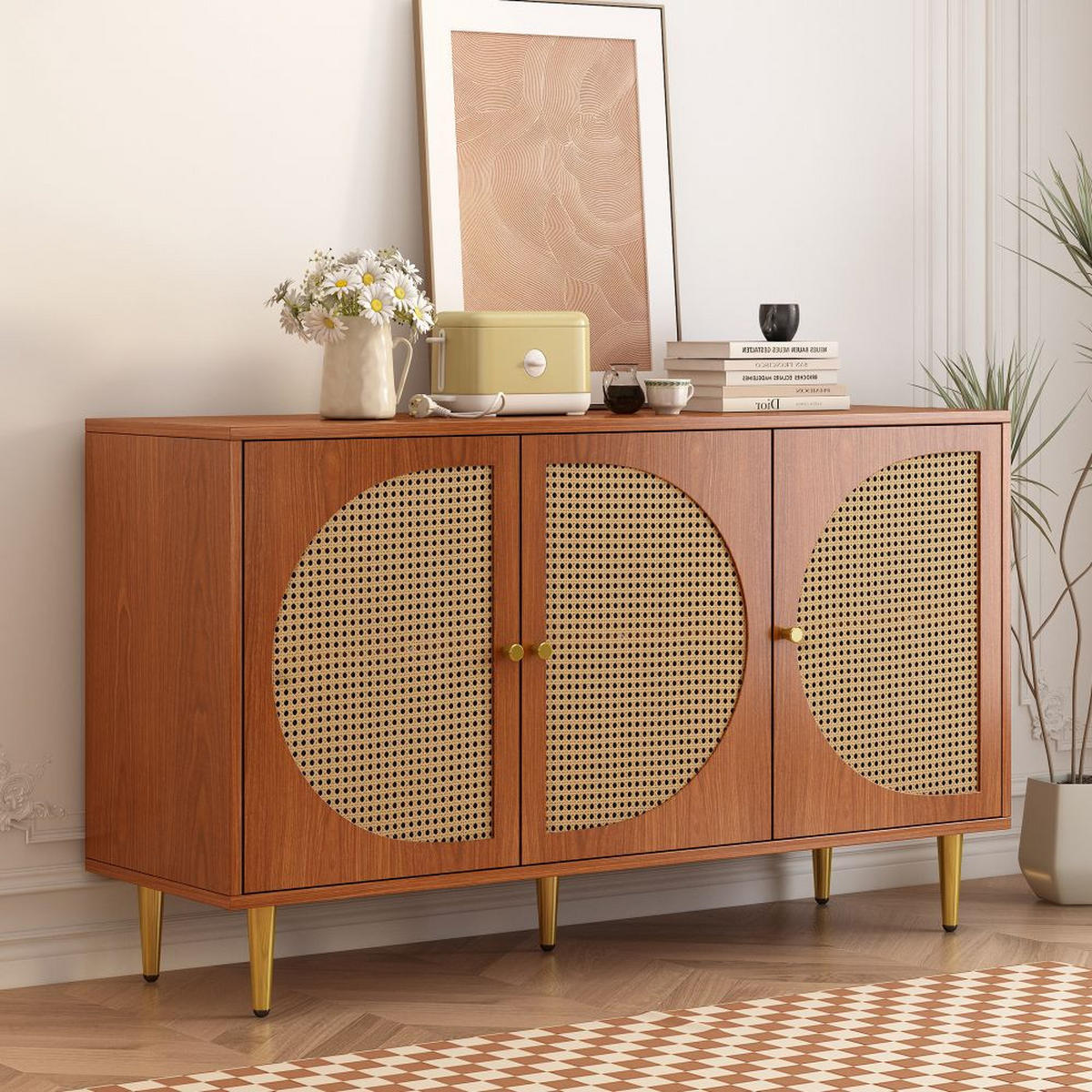 SIDEBOARDS mit 3 Rattan verzierten Türen，Nussbaum - Walnussfarben, Holz (40/76/129.8cm) - KOMHTOM