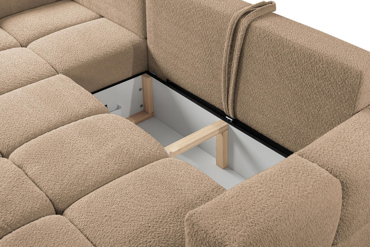 ECKSOFA LUSSO mit Schlaffunktion und Bettkasten, Farbe: Braun, Bouclé-Stoff, Ottomane Universal - Braun, Textil (255/165cm)