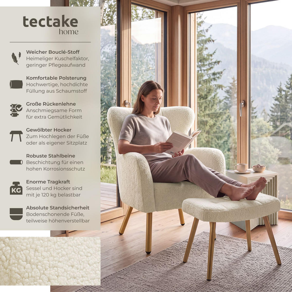SESSEL MIT HOCKER Vänersborg, Belastbarkeit 120 kg, Bouclé creme/gold - Goldfarben/Creme, Kunststoff (72/92/71cm) - tectake
