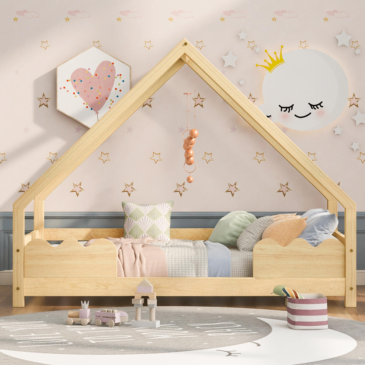 KINDERBETT Hausbett 90/200 cm mit Rausfallschutz und Lattenrost aus massivem Kiefernholz, Natur - Naturfarben, Holz (90/200cm) - Redom
