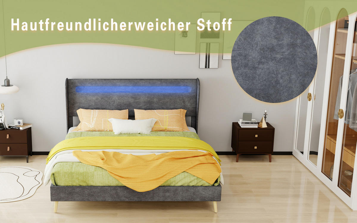 POLSTERBETT 160/200 cm mit verstellbarer Rückenlehne und LED-Beleuchtung, Grau - Grau, Textil (160/200cm) - Redom