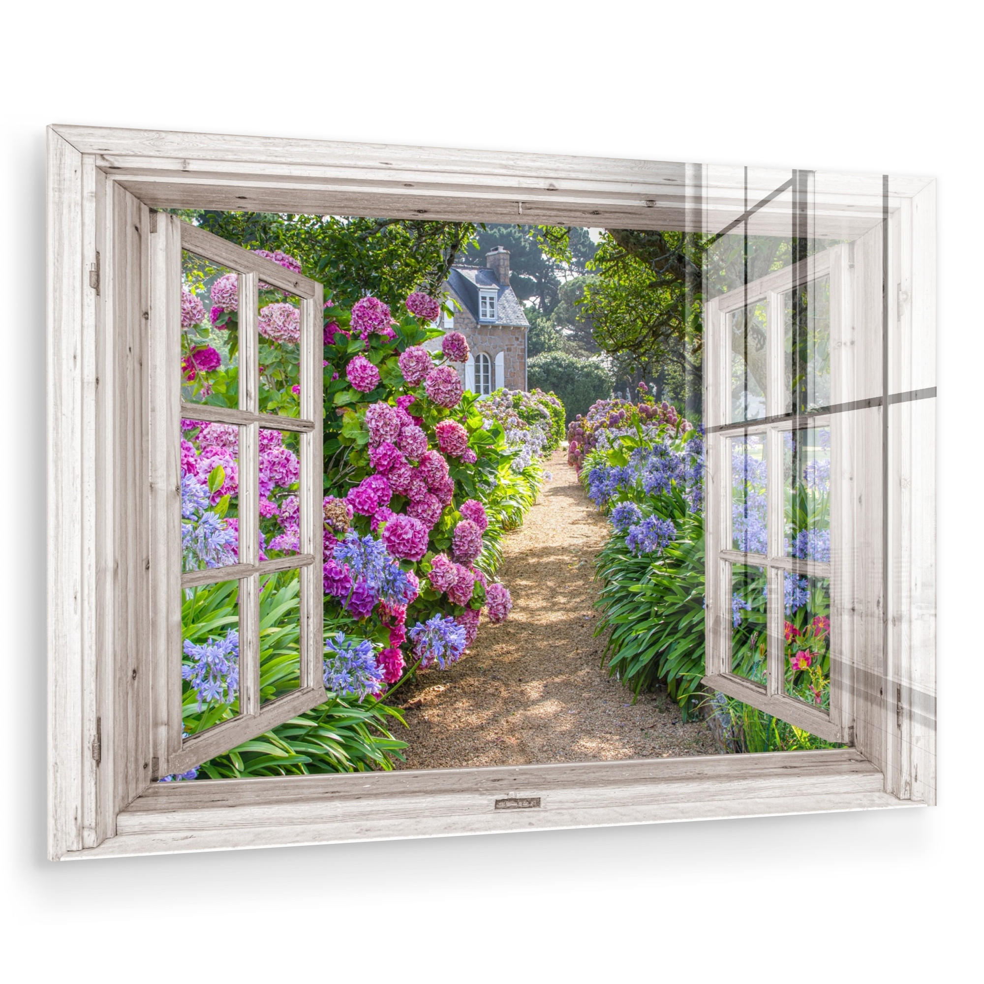 ACRYLGLASBILD Hortensie - Fensterblick - Blumen - Sommer - Lila - Weg 90x60 cm - Lila, Glas (90/60cm) - MuchoWow