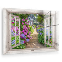 ACRYLGLASBILD Hortensie - Fensterblick - Blumen - Sommer - Lila - Weg 90x60 cm - Lila, Glas (90/60cm) - MuchoWow