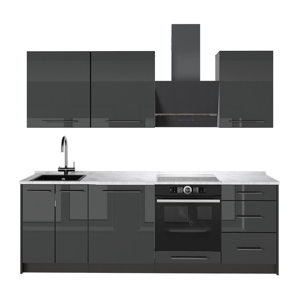 KÜCHENZEILE Fame-Line, Anthrazit Hochglanz/Anthrazit, 230 cm, AP Marmor - Schwarz Hochglanz/Anthrazit, Holzwerkstoff (230/82/60cm) - Vicco