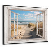 LEINWAND Bilder mit Rahmen - Fenster - Meer - Küste - Natur - Ausblick - Strand - Wattenmeer - 80x60 - Beige, Textil (80/60cm) - MuchoWow