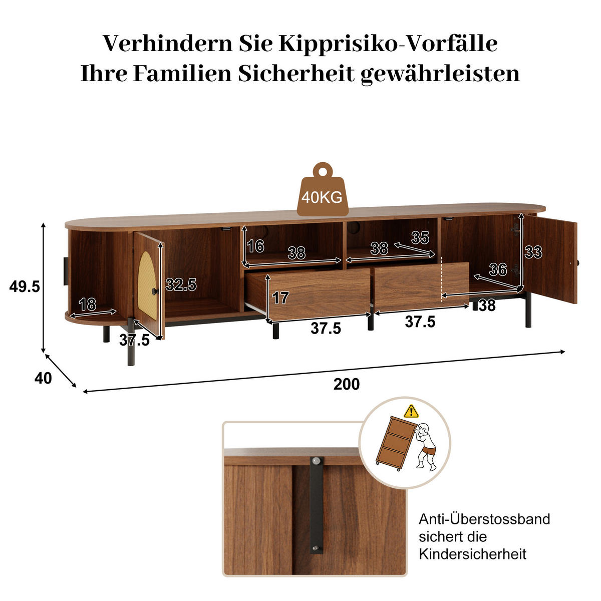 TV-SCHRANK Oval Rattan Schiebetüren Metallbeine modern - Walnussfarben, Holzwerkstoff (40/49.5/200cm) - FLIEKS
