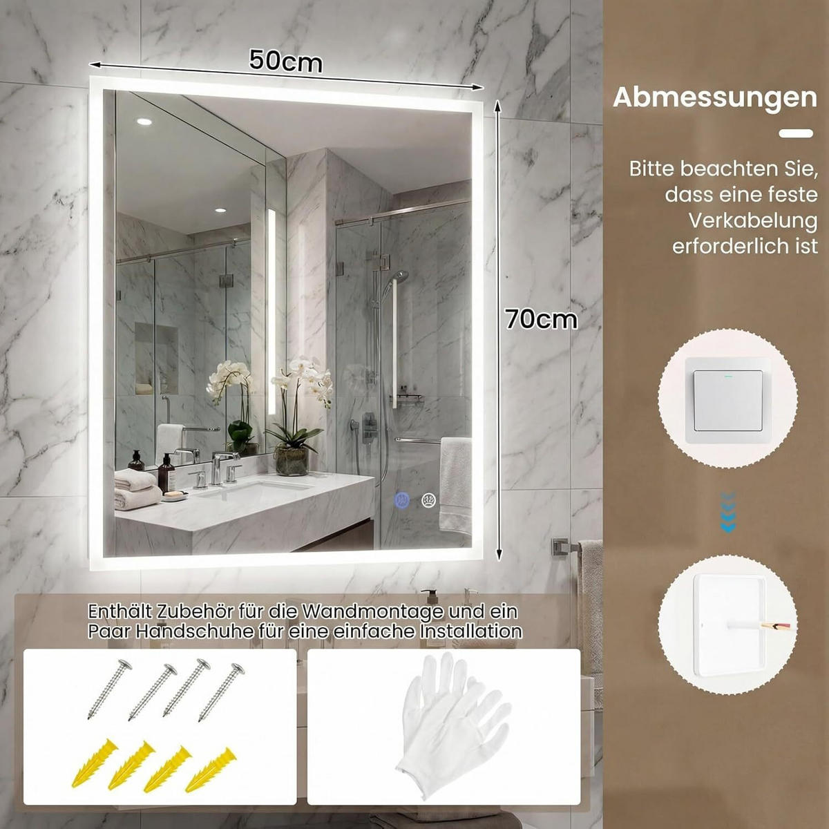 BADSPIGEL mit Beleuchtung silber - Silberfarben, Glas (50/70/3cm) - COSTWAY