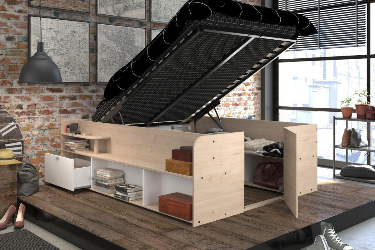 STAURAUMBETT Eiche Jackson, weiß, Hochbett Liegefläche 140 x 200 cm - Eichefarben/Weiß, Holzwerkstoff (140/200cm) - Parisot Meuble