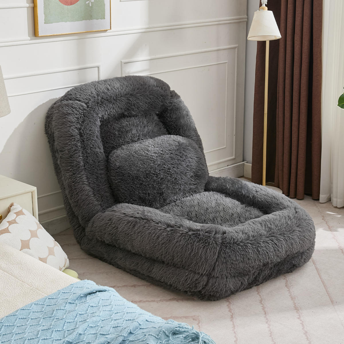 SITZSACK Plüsch Dunkelgrau klappbar und verstellbar - Dunkelgrau, Holzwerkstoff/Textil (89/42/175cm) - WISHDOR