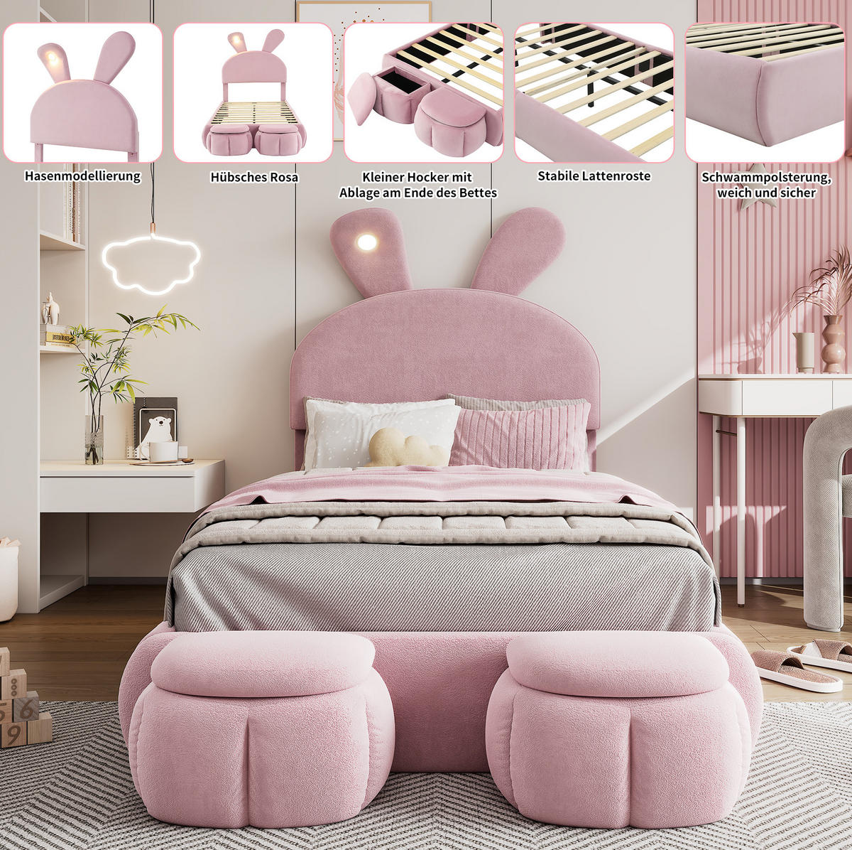 POLSTERBETT 90/200 cm aus Samt mit LED-Hasenohren und 2 Aufbewahrungshockern Rosa - Rosa, Textil (90/200cm) - Modenvie