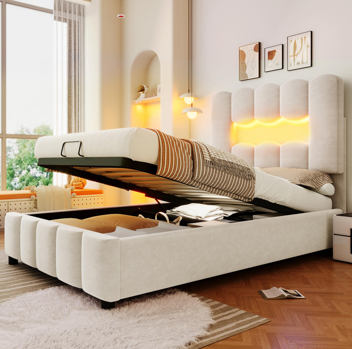 SAMT-POLSTERBETT 90/200 cm mit Bettkasten, LED-Beleuchtung & verstellbarem Kopfteil - Beige, Textil (90/200cm) - BEAOK