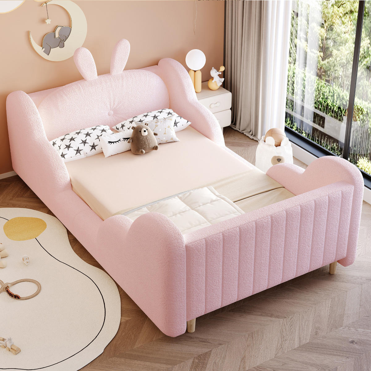 KINDERBETT 90/200 cm in Rosa mit Lattenrost Stoff Hasendesign - Rosa/Naturfarben, Holzwerkstoff/Textil (90/200cm) - STILVORA
