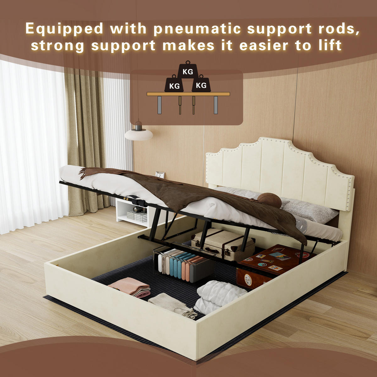 STAURAUMBETT 140/200 cm mit Hydraulik-Stauraum und Matratze, DE-32979, in Beige - Beige, Metall (140/200cm) - ComfortXL