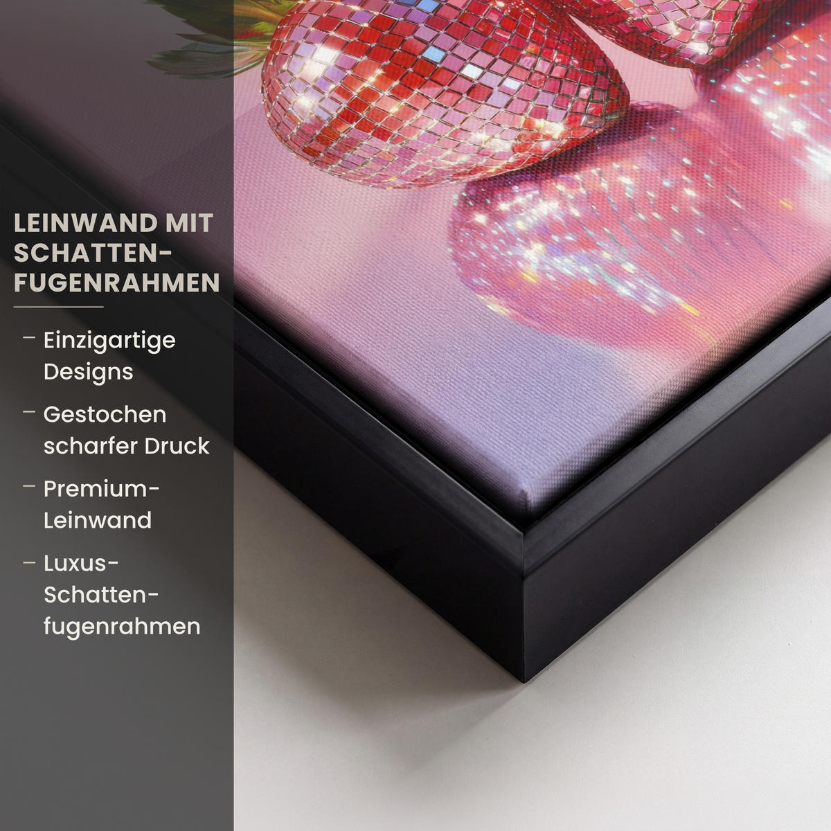 LEINWAND Bilder mit Rahmen - Disco - Obst - Glitzer - Erdbeere - 20x20 - Pink, Textil (20/20cm) - MuchoWow