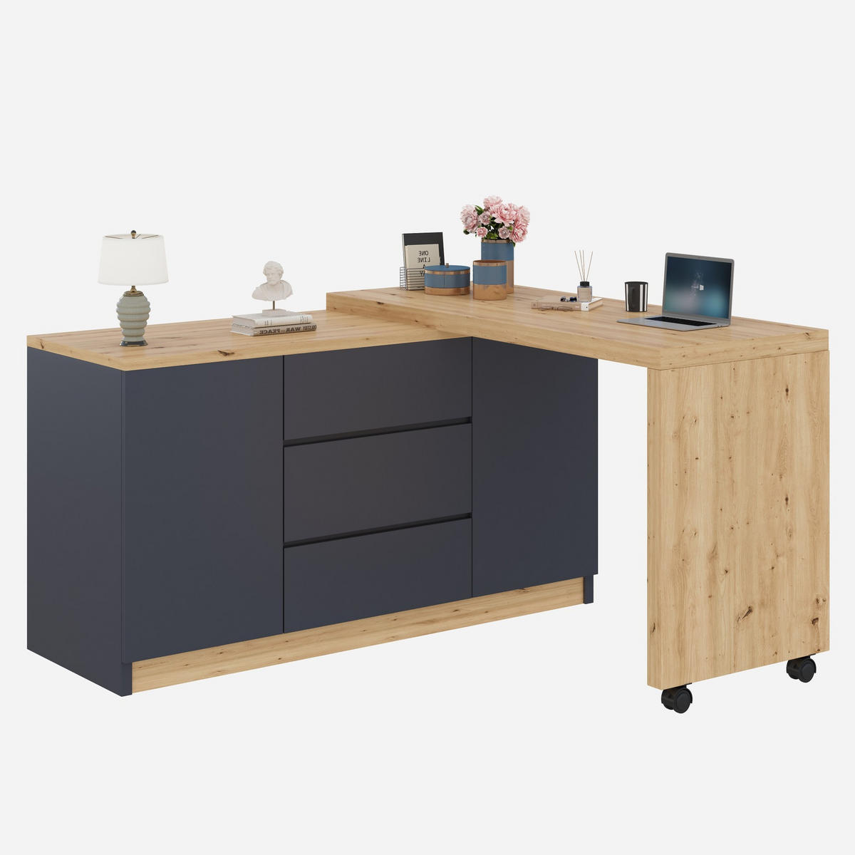 SCHREIBTISCH aus Spanplatte 120x50x76,5 cm Grau/Eiche drehbar, klappbar mit Stauraum - Grau, Holzwerkstoff (120/76.5/50cm) - IVMEU