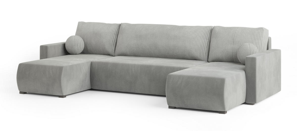 WOHNLANDSCHAFT TESSUN Hellgrau Plüsch-Stoff mit Schlaffunktion - Hellgrau, Holz (286/85/143cm) - MASSENO