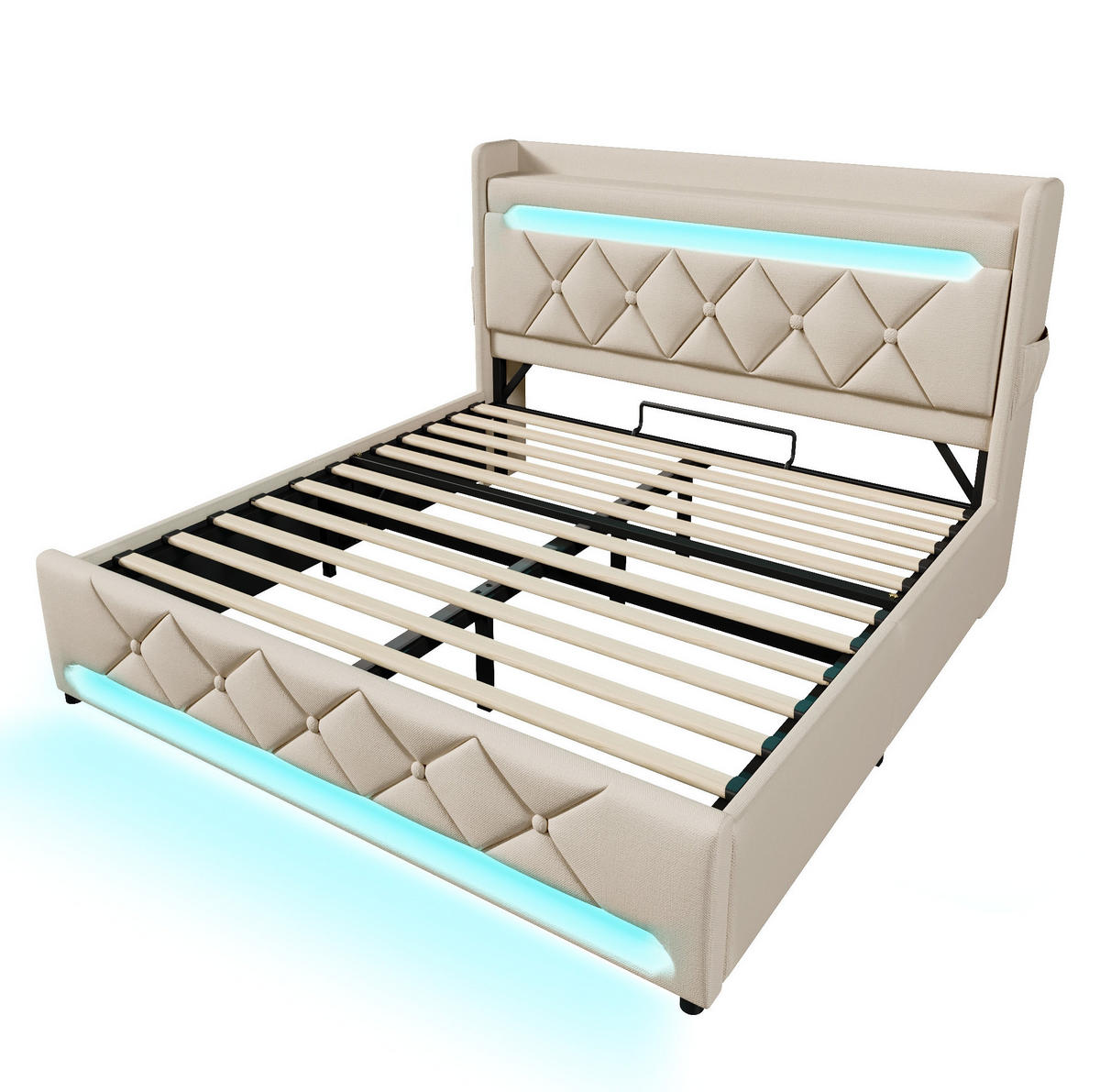 POLSTERBETT 160/200 cm Beige aus Leinen mit LED - Beige, Textil (160/200cm) - OKMYHOME