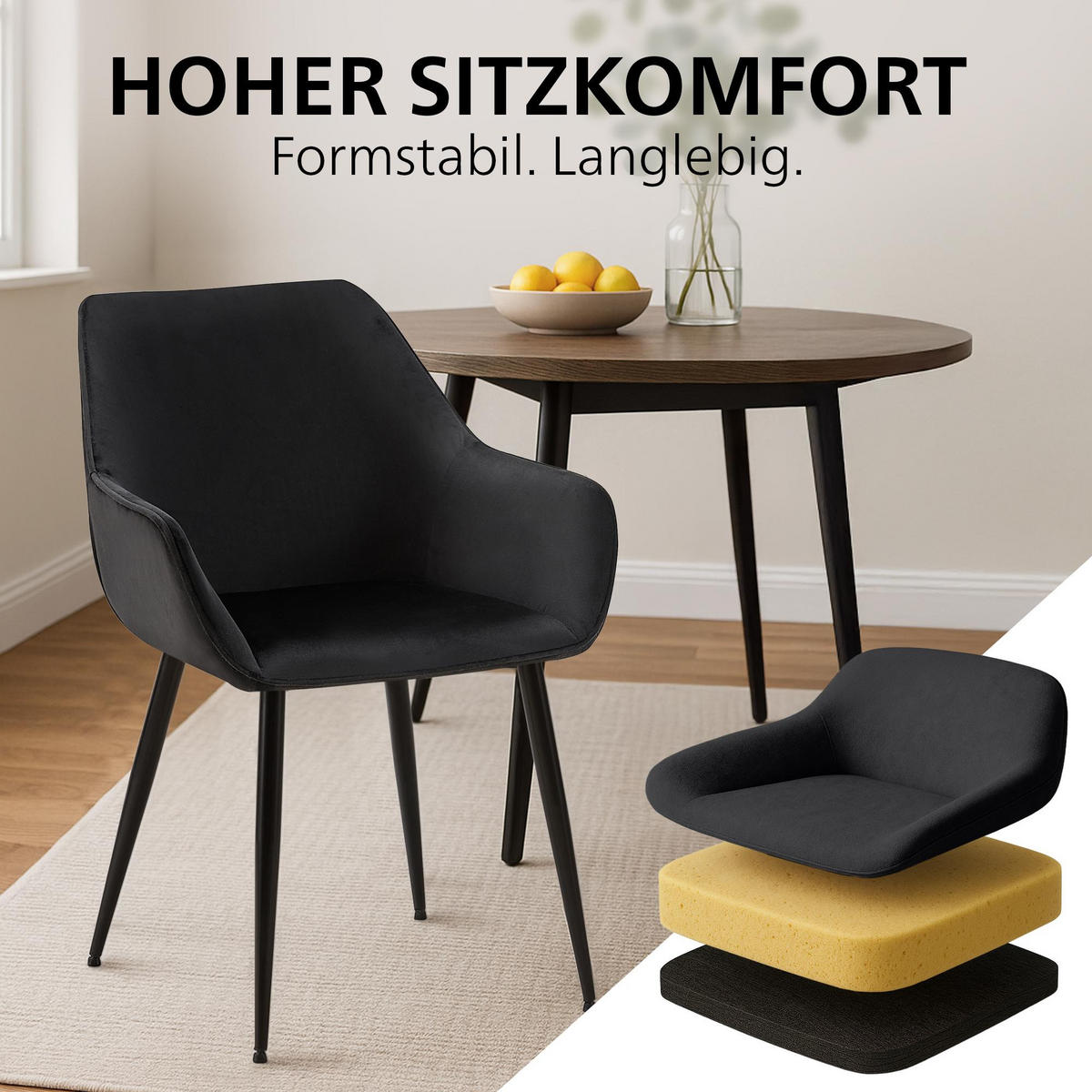 ARMLEHNENSTUHL Samt Schwarz - Schwarz, Textil/Metall (52/82/63cm) - CLP