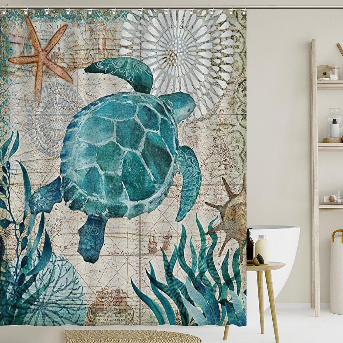 DUSCHVORHANG nautisch Vintage Muster Schildkröte Blau Petrol fürs Badezimmer 180 cm - Multicolor, Textil (120/180cm) - MCBOSON