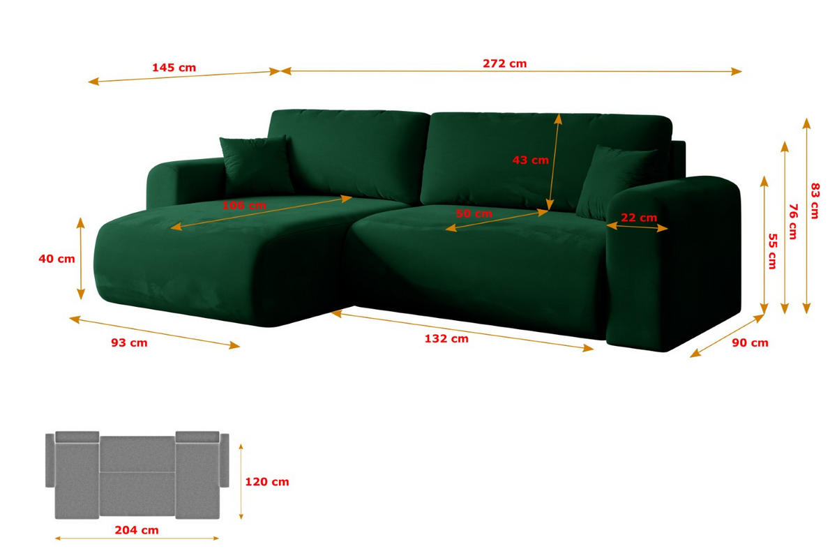 ECKSOFA mit Schlaffunktion und Bettkasten ORRO-L - 272x145x83 cm Grün Velours - Schwarz/Grün, Holzwerkstoff/Kunststoff (272/145cm) - ALTDECOR