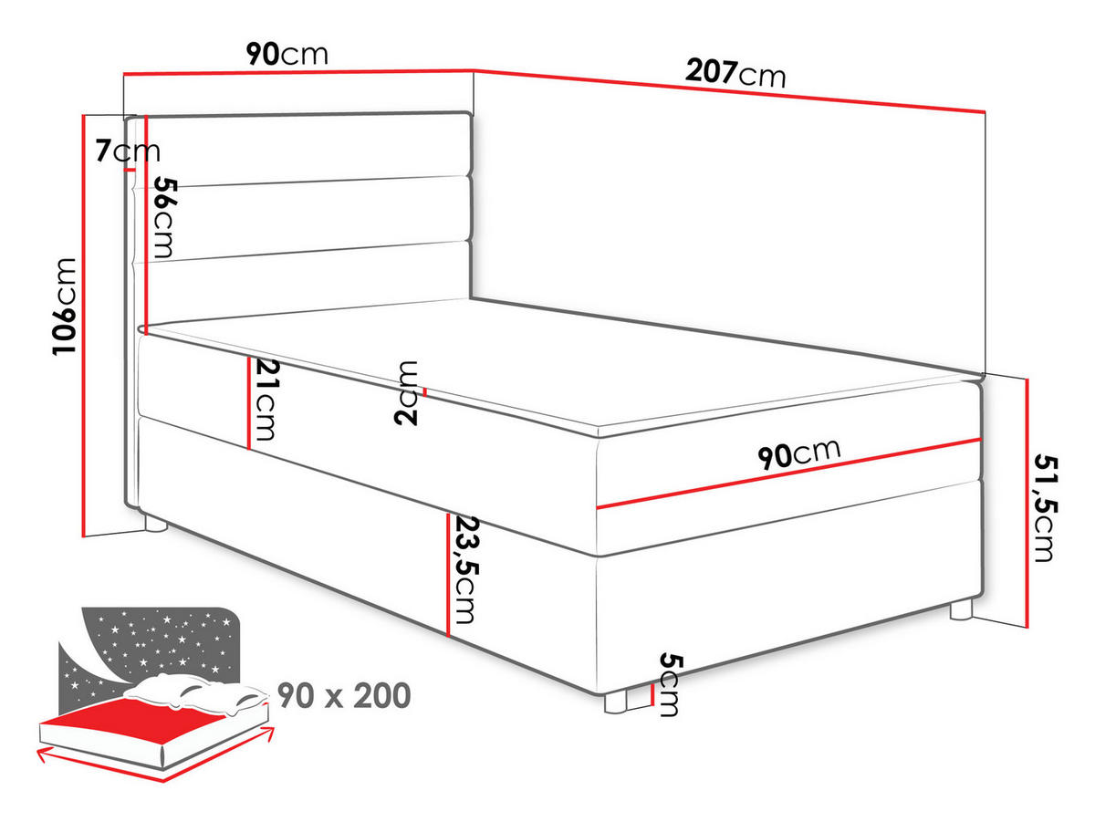 BOXBETT Elen - H3 - Blau/Schwarz, Holz/Holzwerkstoff (90/200cm) - MIRJAN24