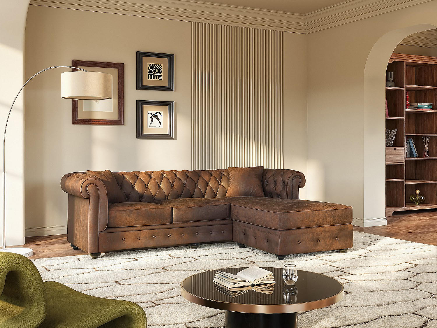 Thumbnail - Vente-Unique Chesterfield, Braun, Textil, Uni, 4-Sitzer, 228x163 cm, Wohnzimmer, Sofas & Couches, Wohnlandschaften, Ecks...