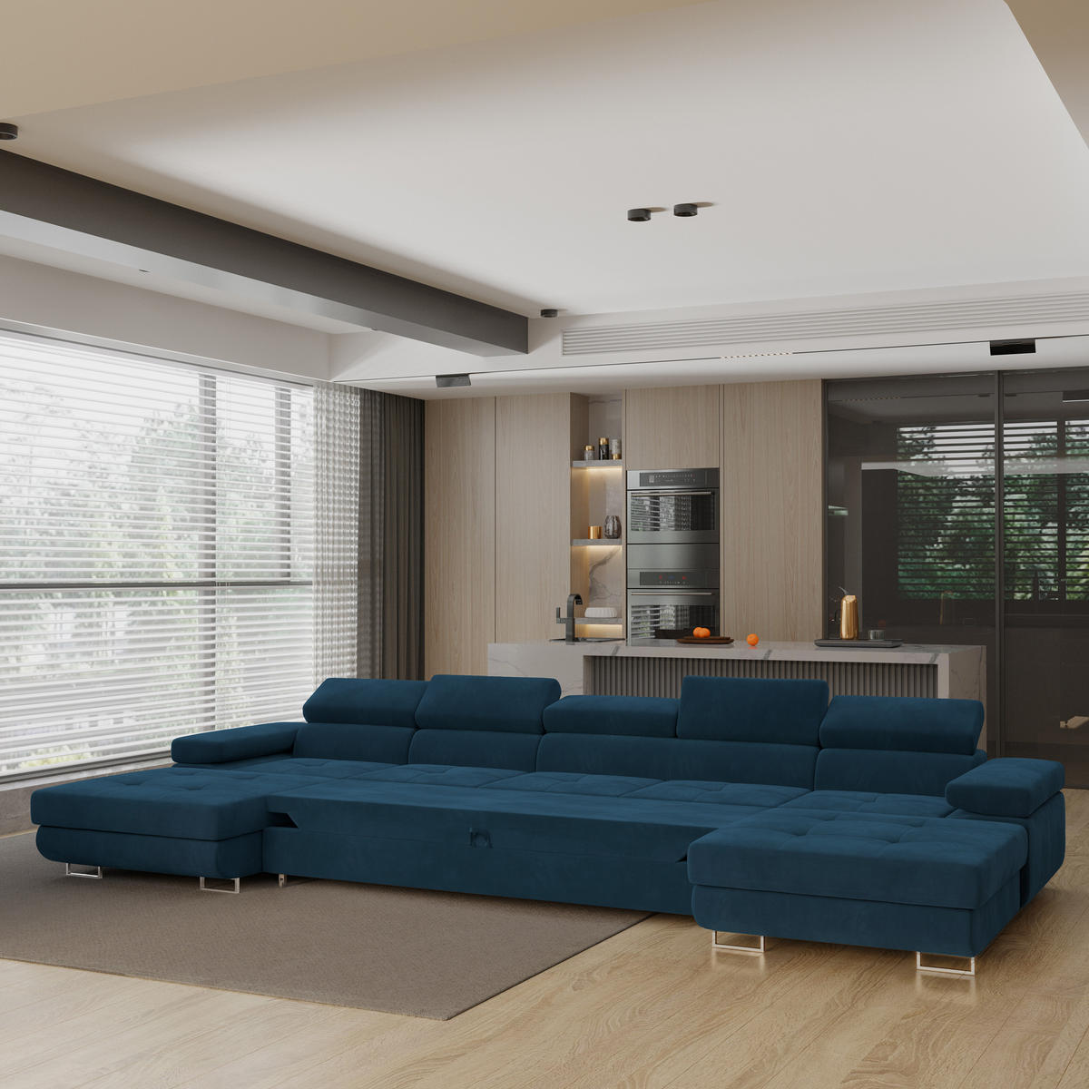 WOHNLANDSCHAFT OMBRA Blau Velours-Stoff mit Schlaffunktion - Blau, Holz (425/90/202cm) - MASSENO