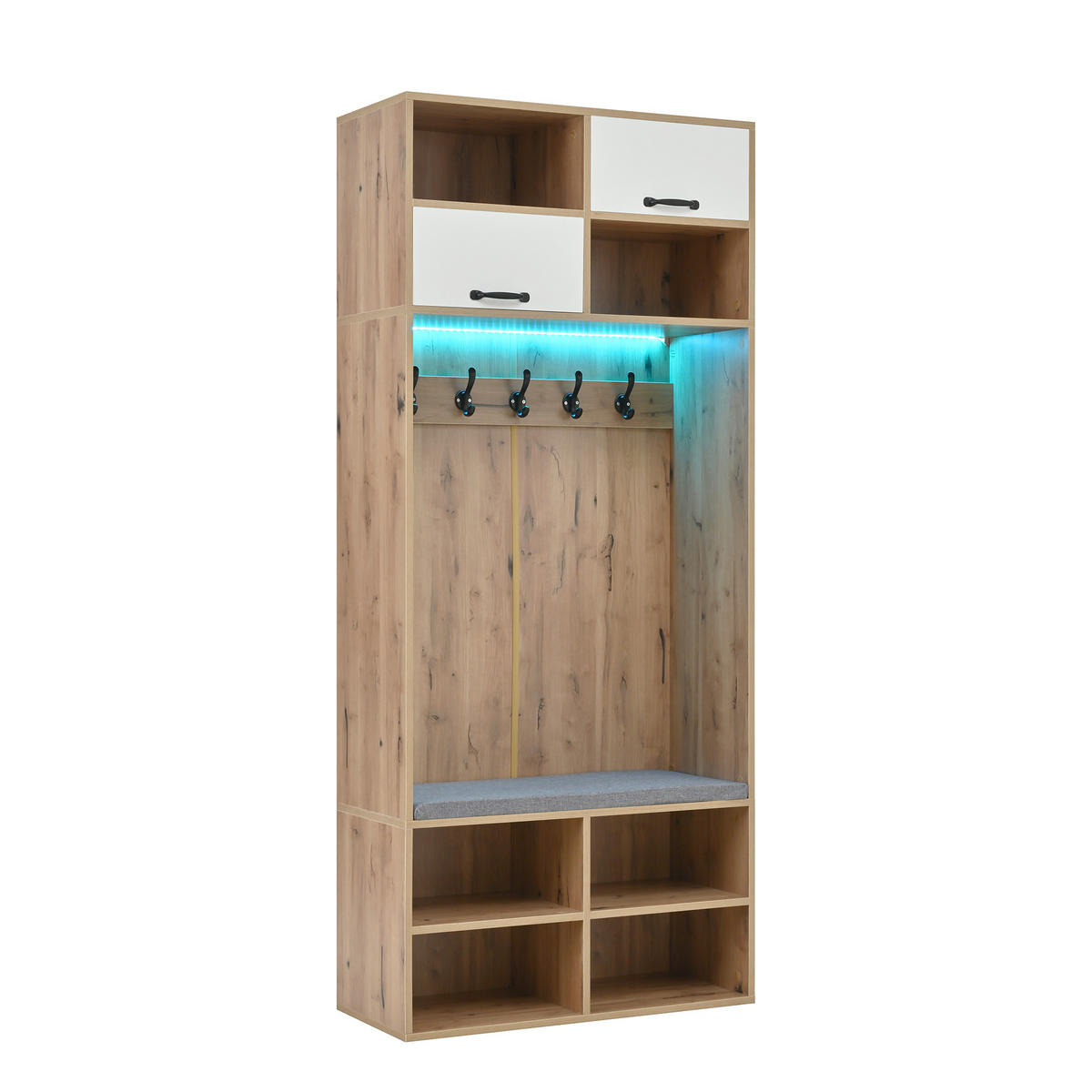 GARDEROBENSET, Komplett-Set Flurgarderobe mit Sitzbank, 5 Haken, 2 Türen & 6 Offener Lagerraum - Naturholzfarbe und Weiß, 80×185×35 cm (B×H×T) - Multicolor, Holzwerkstoff (35/185/80cm) - FLIEKS