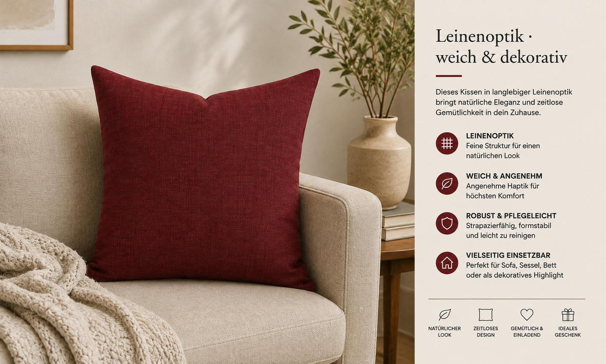 KISSENBEZUG Leinenoptik 50/50 cm Bordeaux - Bordeaux, Textil (50/50cm) - TiborTex