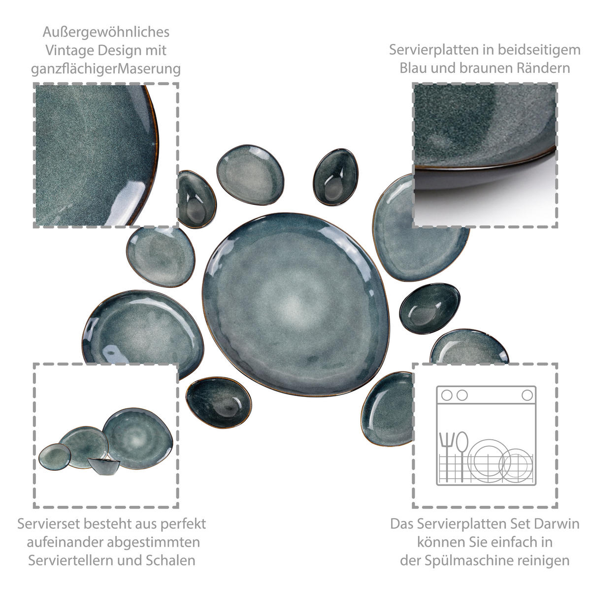 SERVIERPLATTEN SET DARWIN - 11 teilig aus Steingut - Blau, Keramik (16.5/32/38cm) - Sänger