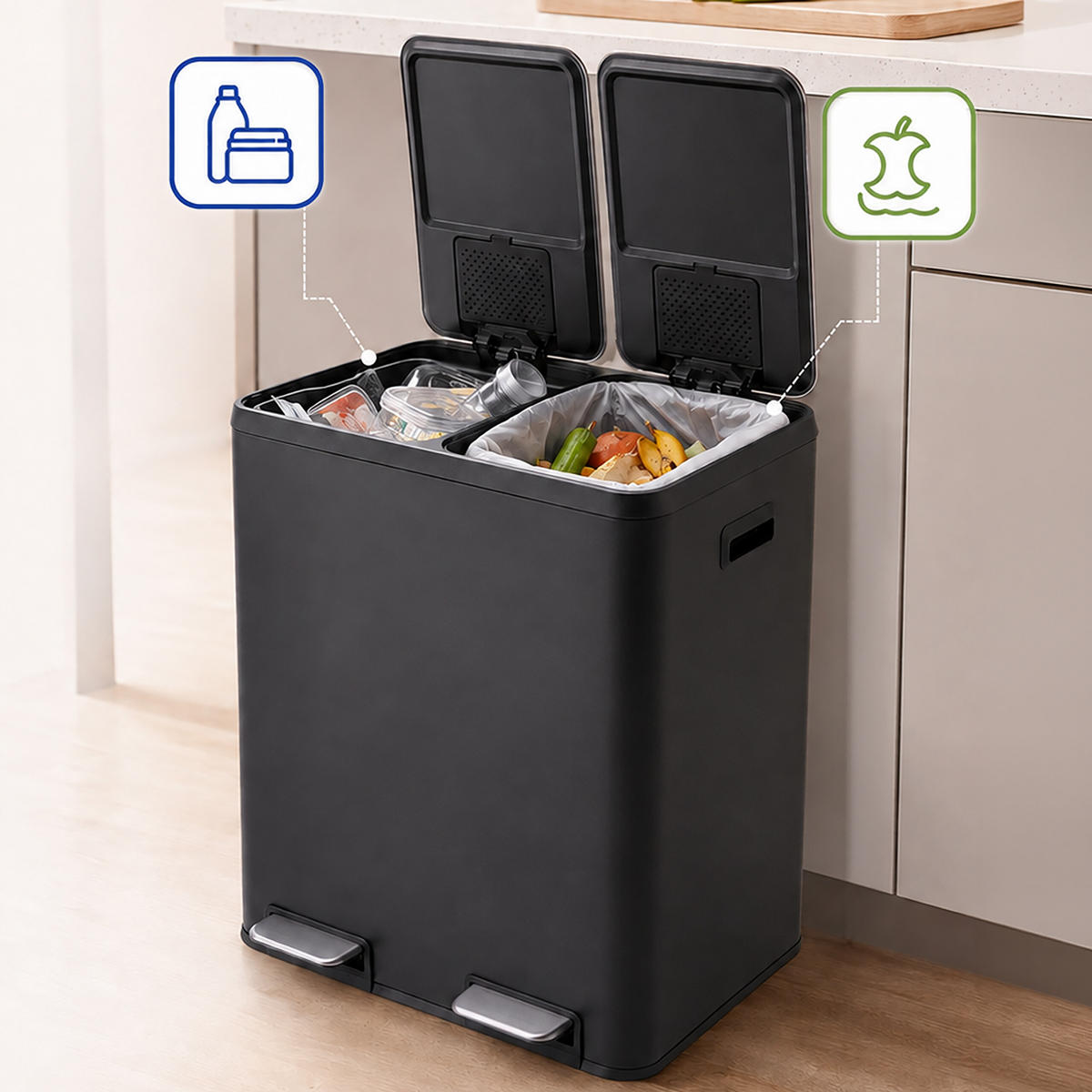 COȘ Negru 2-compartimente - negru, material plastic/metal (53/66.5/38cm) - Relaxdays