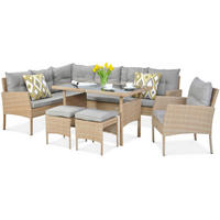 GARTENSET Calista, Technorattan, 2 Ecksofas + Sessel + 2 Hocker + Esstisch, für 7 Personen - Beige, Kunststoff - Beautysofa