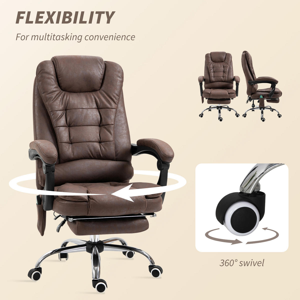 CHEFSESSEL mit Massagefunktion, Ergonomisch Schreibtischstuhl mit Liegefunktion - Silberfarben/Braun, Kunststoff/Textil (70/119/65cm) - Vinsetto