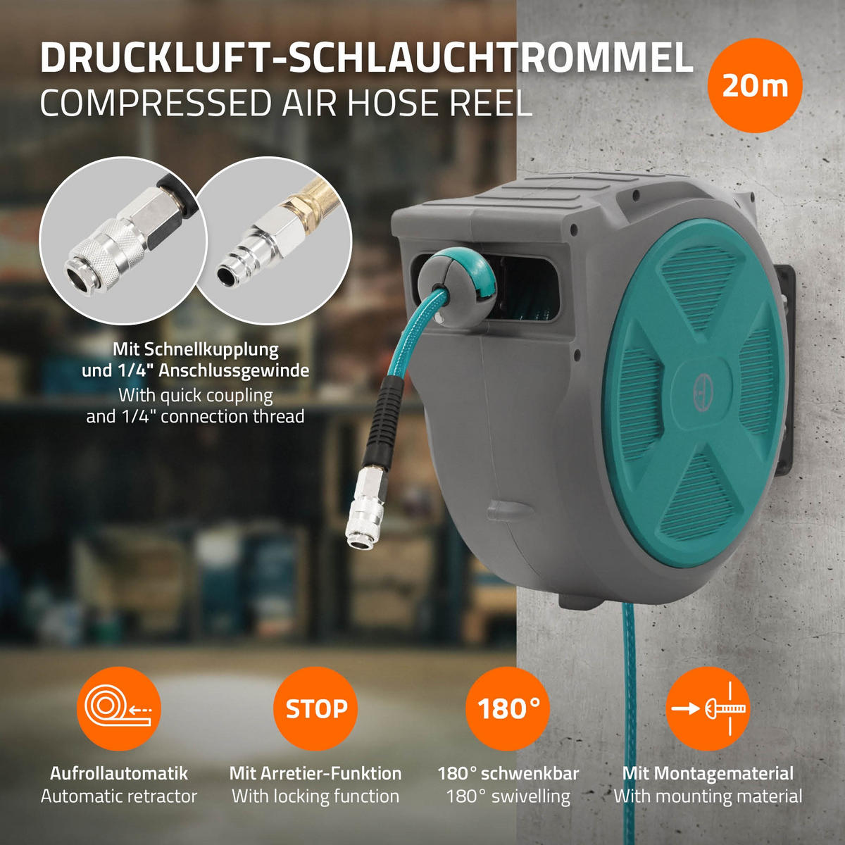 DRUCKLUFTSCHLAUCHTROMMEL 20m+2m - Grau, Kunststoff (17/34.5/47cm) - ECD-Germany