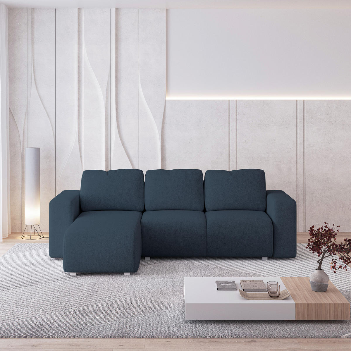 ECKSOFA RINOVA Blau Geflochtener Stoff mit Schlaffunktion - Blau, Holz (250/143cm) - MASSENO