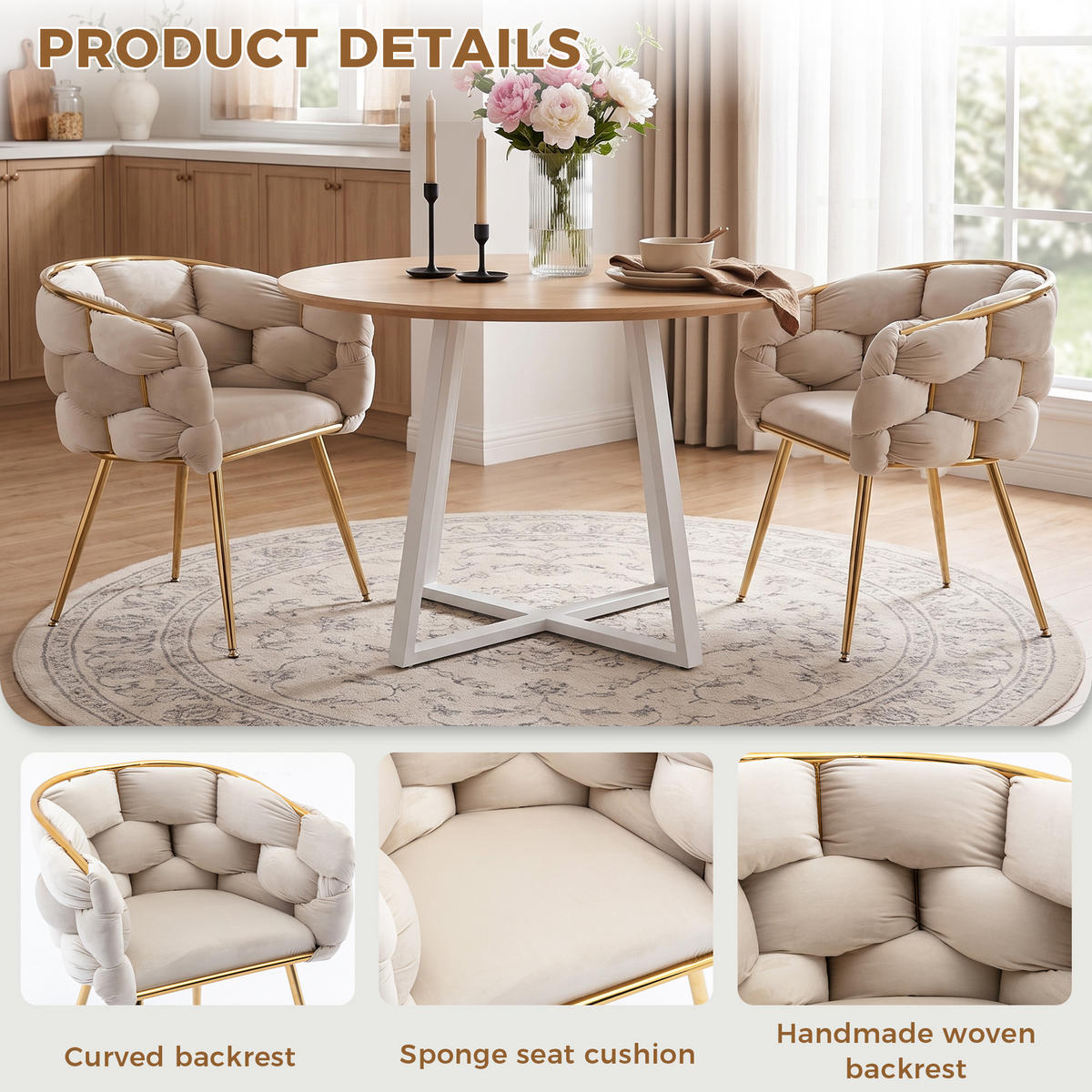 ARMLEHNSTUHL-SET 2 Stück Samt mit Gold-Metallgestell, DE-42349, Beige - Beige, Metall (58/75/59cm) - ComfortXL