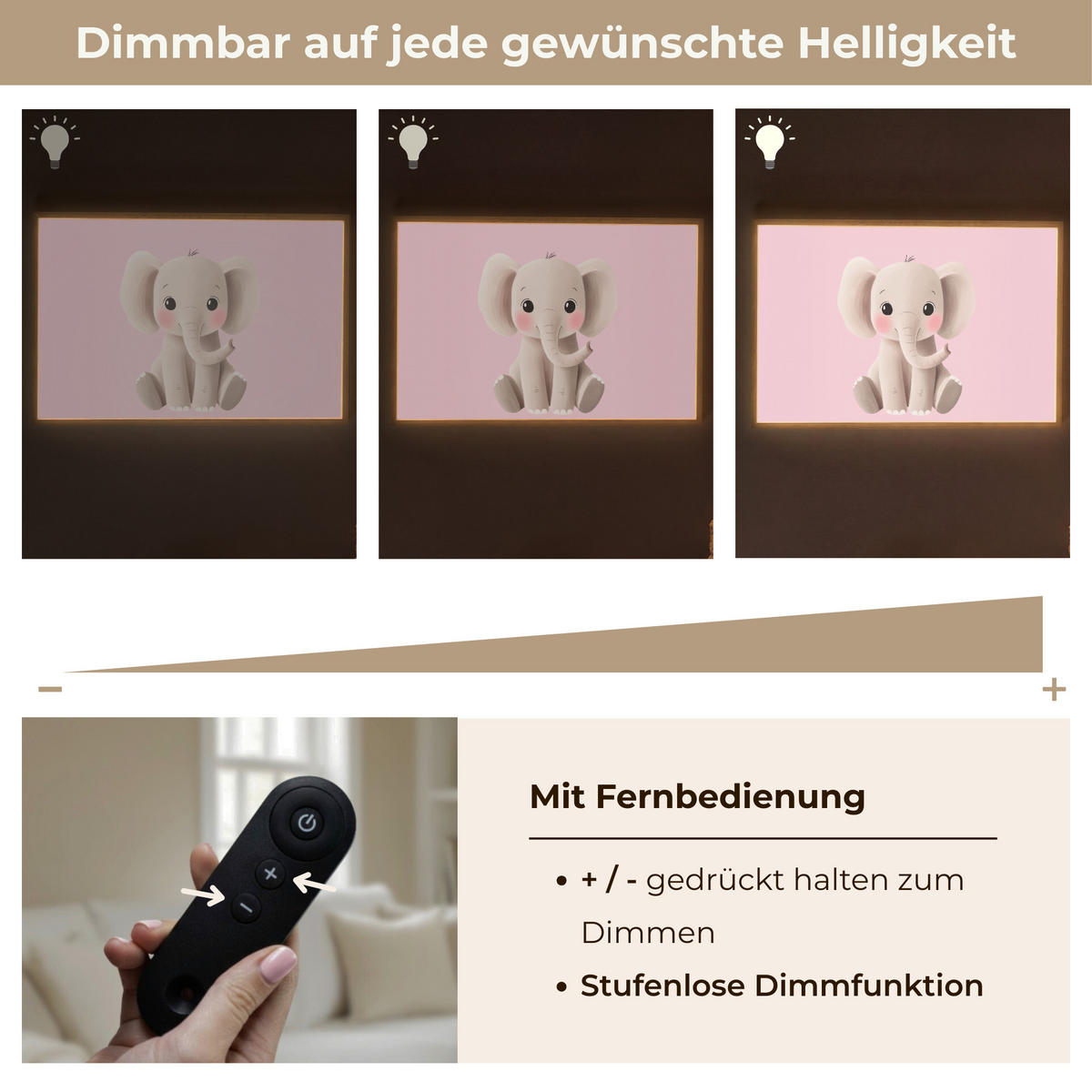 NÁSTĚNNÁ LAMPA S AKUMULÁTOREM Slon - Dítě - Růžová - Kreslený film 100x70 cm - světle růžová, kompozitní dřevo (100/70/8cm) - OnlyWow