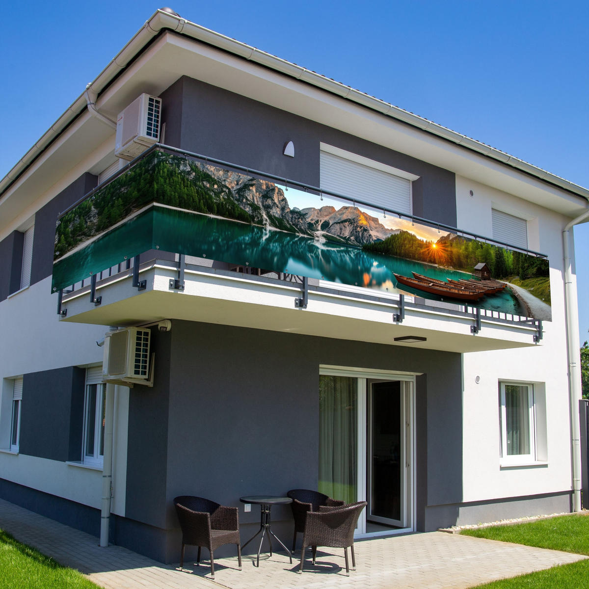 BALKON-SICHTSCHUTZ See - Berge - Sonnenuntergang - Boot - Petrol, Kunststoff (500/75cm) - MuchoWow