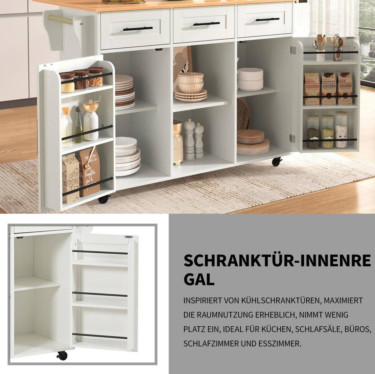 KÜCHENWAGEN mit Klappplatte 139 x 46(71) x 91,5 cm Weiß - Weiß, Holz (46/91.5/139cm) - Beauniv