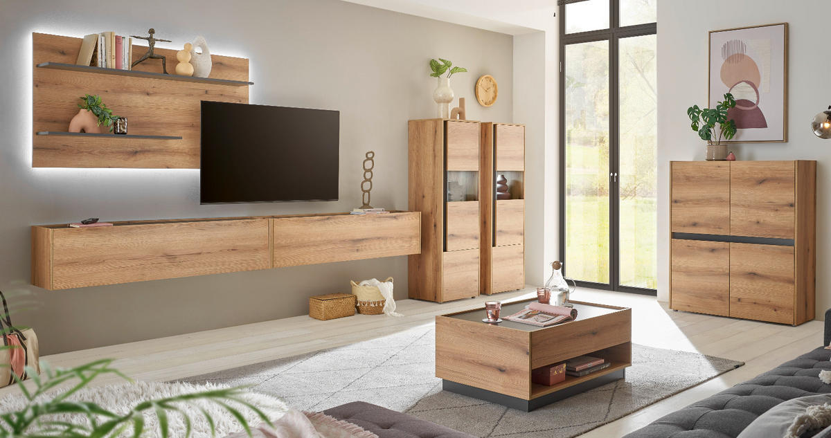 WOHNWAND Evoke Eiche, grau, Wohnkombination Set 5-teilig mit XXL-TV-Schrank, 440 cm - Eichefarben/Grau, Glas/Holz (440/180/40cm) - Furn.Design