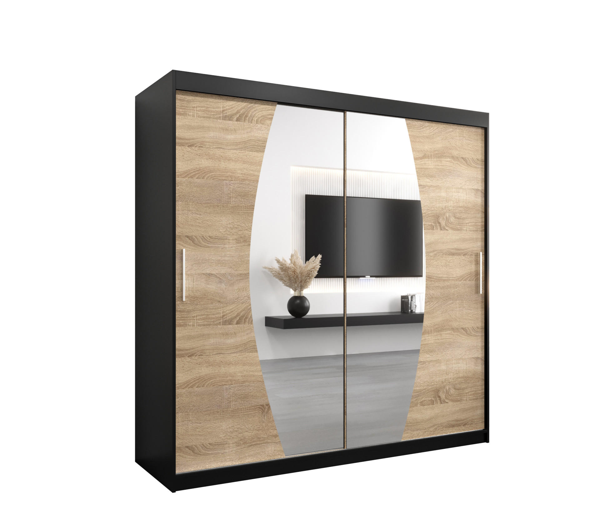 Abiks Möbel Schwebetürenschrank Schwarz, Sonoma Eiche 200x200x62 cm