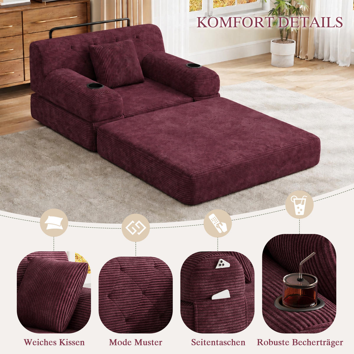 SCHLAFSESSEL Cord komprimiert, DE-42543, Weinrot - Weinrot, Metall (107/81/80cm) - ComfortXL