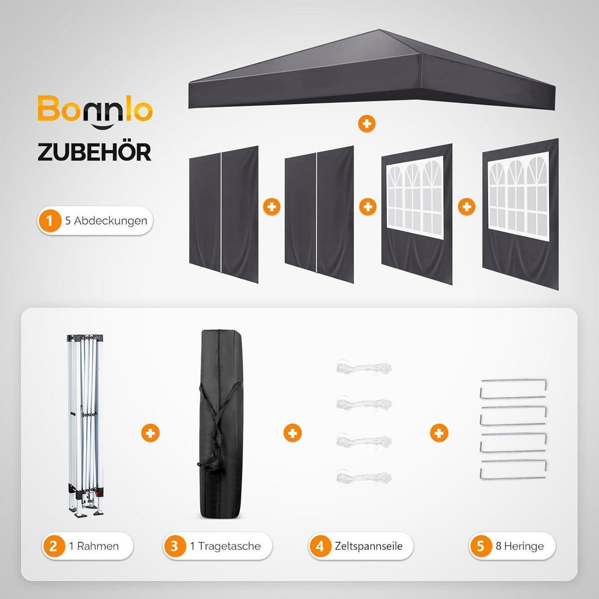 FALTPAVILLON 3x3m mit 4 Seitenteilen, höhenverstellbar in anthrazit - Anthrazit, Metall (300/260/300cm)