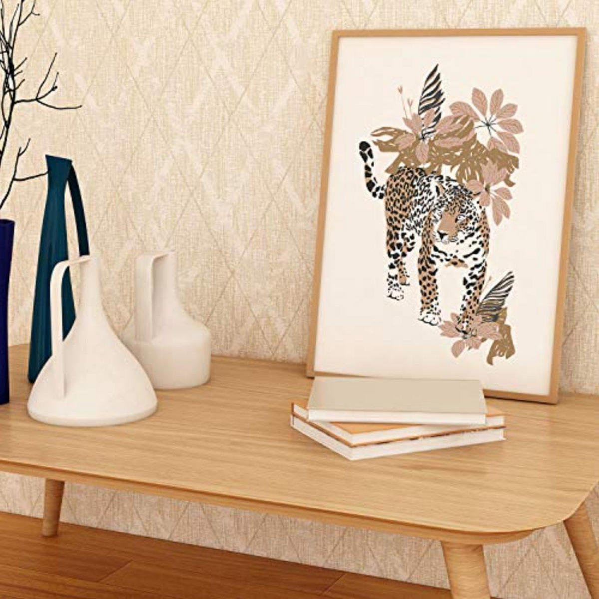 POSTER Set mit 4 tiere Tiger Leopard Tiere, Blumen und Pflanzen des Dschungels A4 Schwarzer Rahmen - Schwarz, Papier (29.7/3cm) - Nacnic