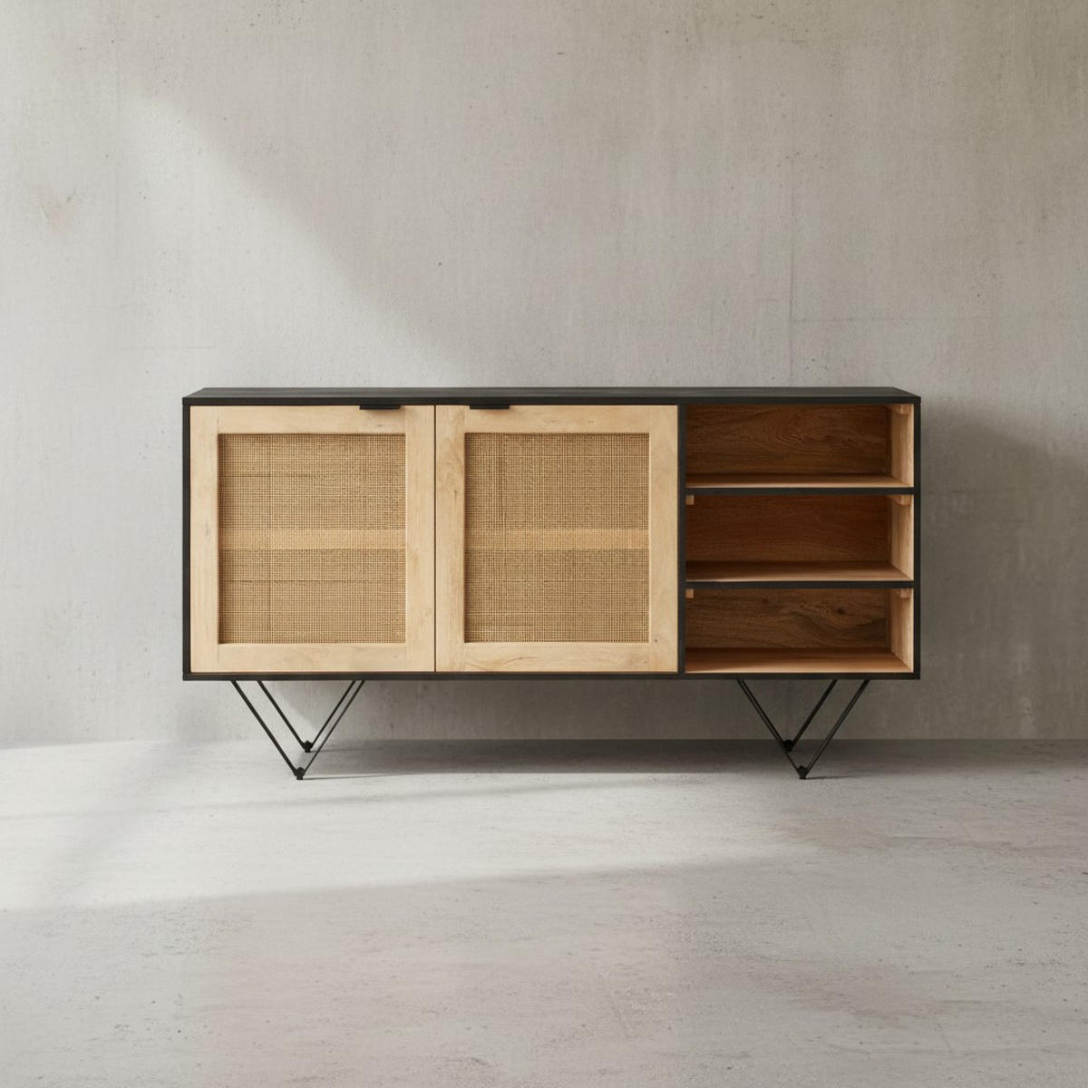 SIDEBOARD – Mango Massivholz/Rattan, 145x75x40 cm, 2 Türen, schwarz/braun, mit Regal - Schwarz, Holz/Metall (145/75/40cm) - KADIMA DESIGN