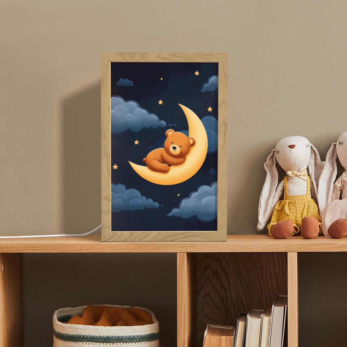 NACHTTISCHLAMPE Teddybär - Mond - Wolken - Sterne 20x30 cm - Dunkelblau, Holzwerkstoff (8/20/30cm)
