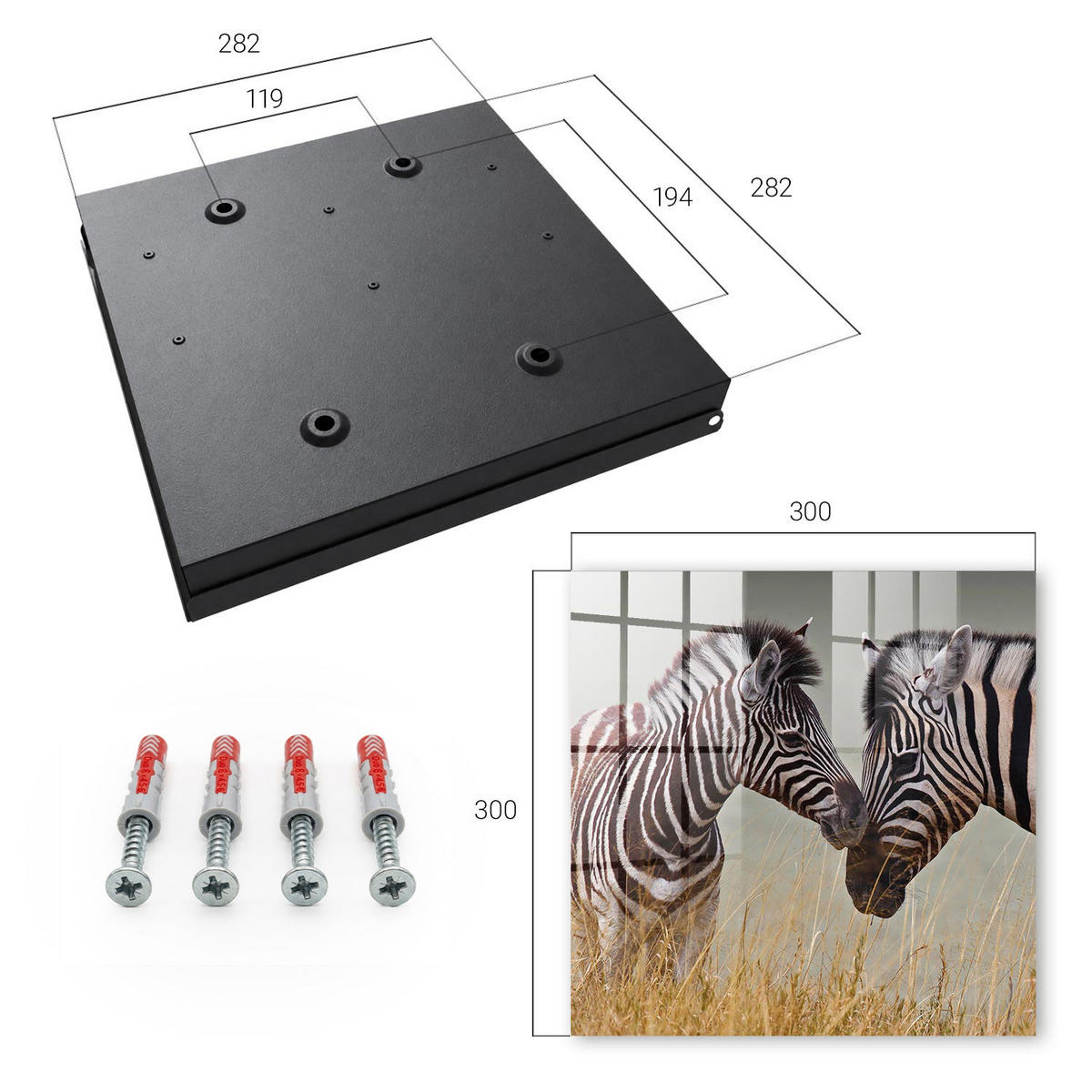 SCHLÜSSELBOX Schwarz 30x30 cm- Türöffnung nach rechts - Zebras zusammen - Multicolor, Metall (30/30/5cm) - TULUP