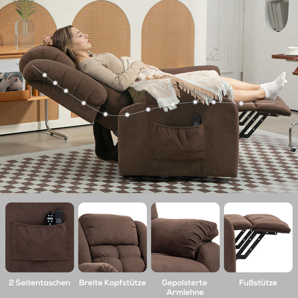 RELAXSESSEL, Fernsehsessel mit Aufstehhilfe, Liege-, Massage- und Heizfunktion - Dunkelbraun/Schwarz, Textil/Metall (92/104/102cm) - HOMCOM